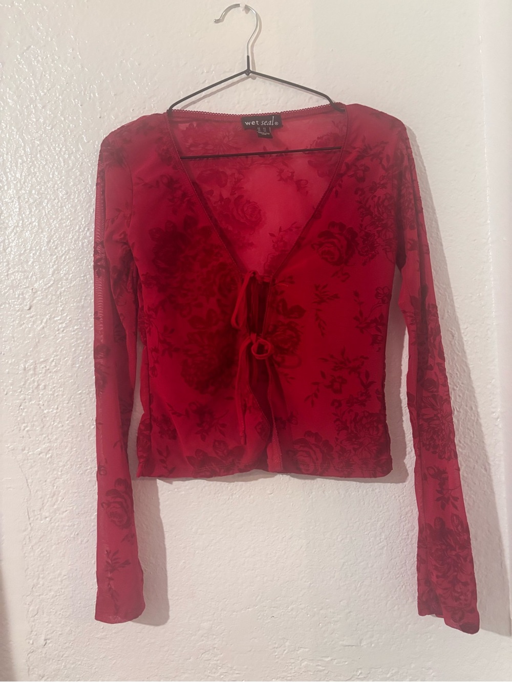 Red floral sheer long sleeve top
